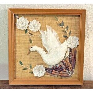 Vintage Shell Art Swan Wall Picture